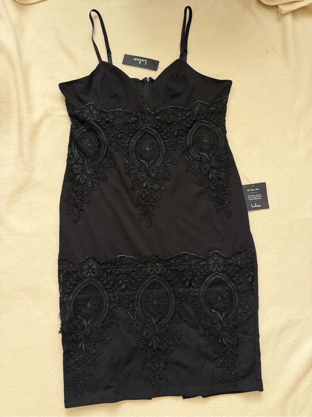 Lulu's Black Lace Applique Bodycon Mini Dress